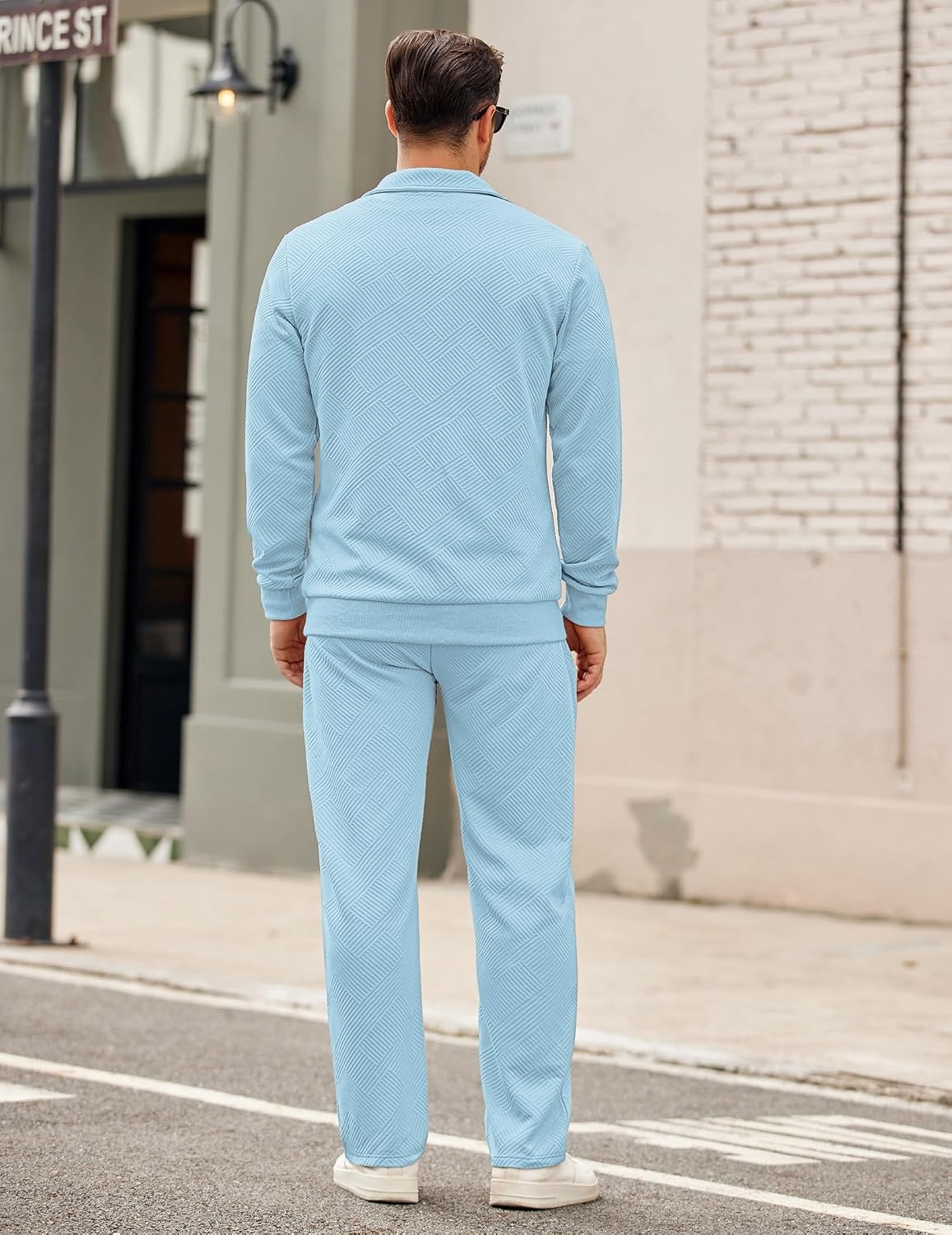 image:imageCOOFANDY Mens Tracksuit 2 Piece Set Geometric Texture Quarter Zip Pullover Sweatshirt Athletic Running SweatsuitsLight Blue