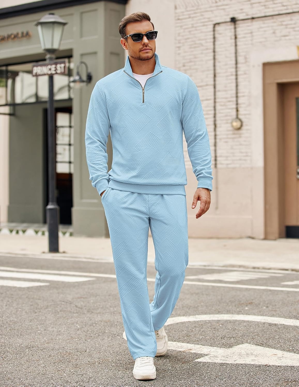 image:imageCOOFANDY Mens Tracksuit 2 Piece Set Geometric Texture Quarter Zip Pullover Sweatshirt Athletic Running SweatsuitsLight Blue