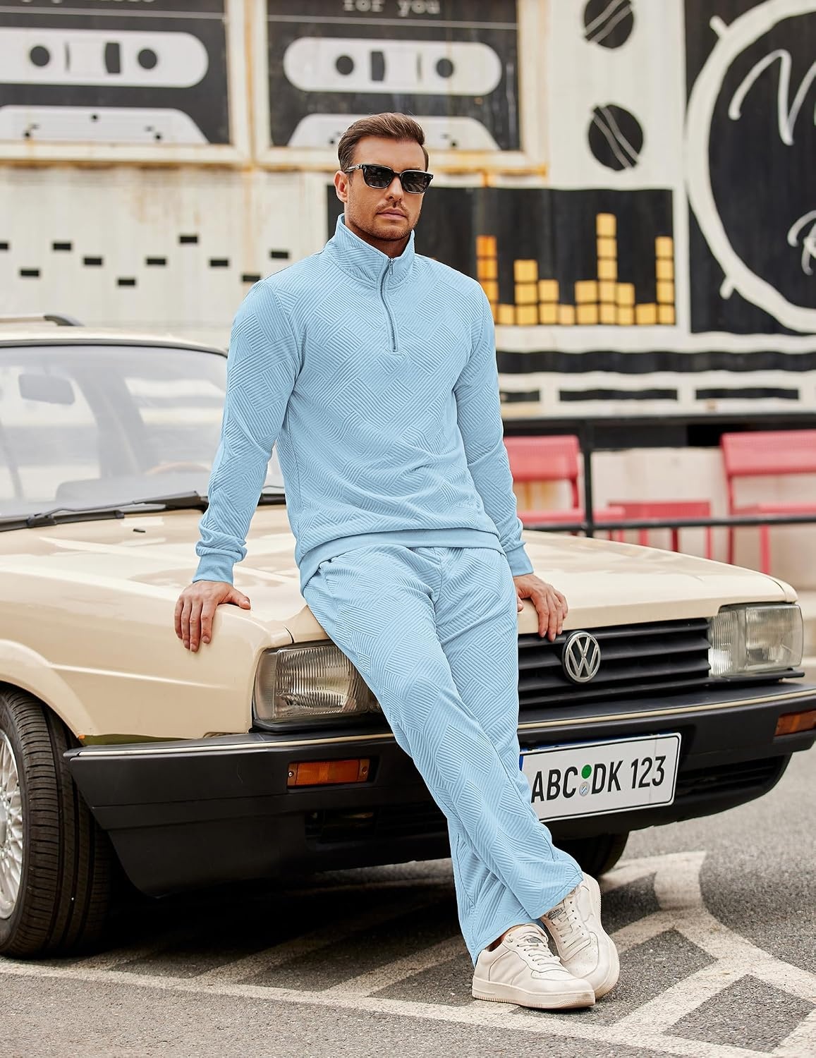 image:imageCOOFANDY Mens Tracksuit 2 Piece Set Geometric Texture Quarter Zip Pullover Sweatshirt Athletic Running SweatsuitsLight Blue