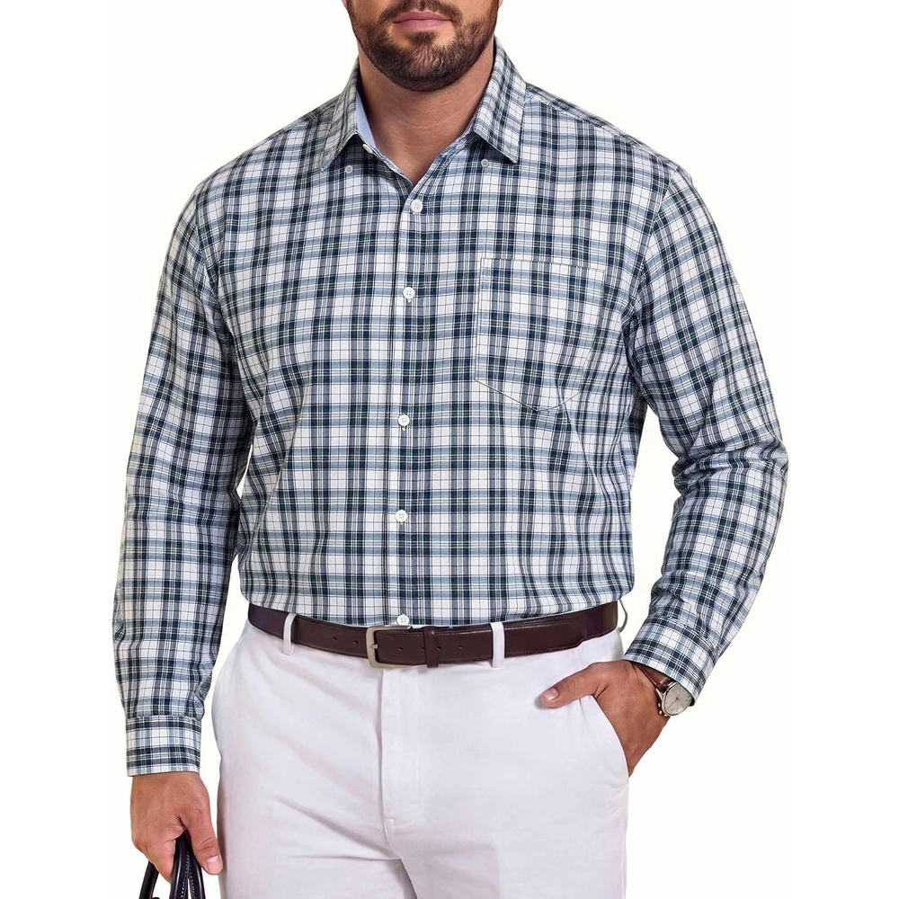 image:imageCOOFANDY Big and Tall Mens Dress Shirts Long Sleeve Plaid Button Down Shirt Bussiness Casual ShirtsBlack Dark Green White Plaid