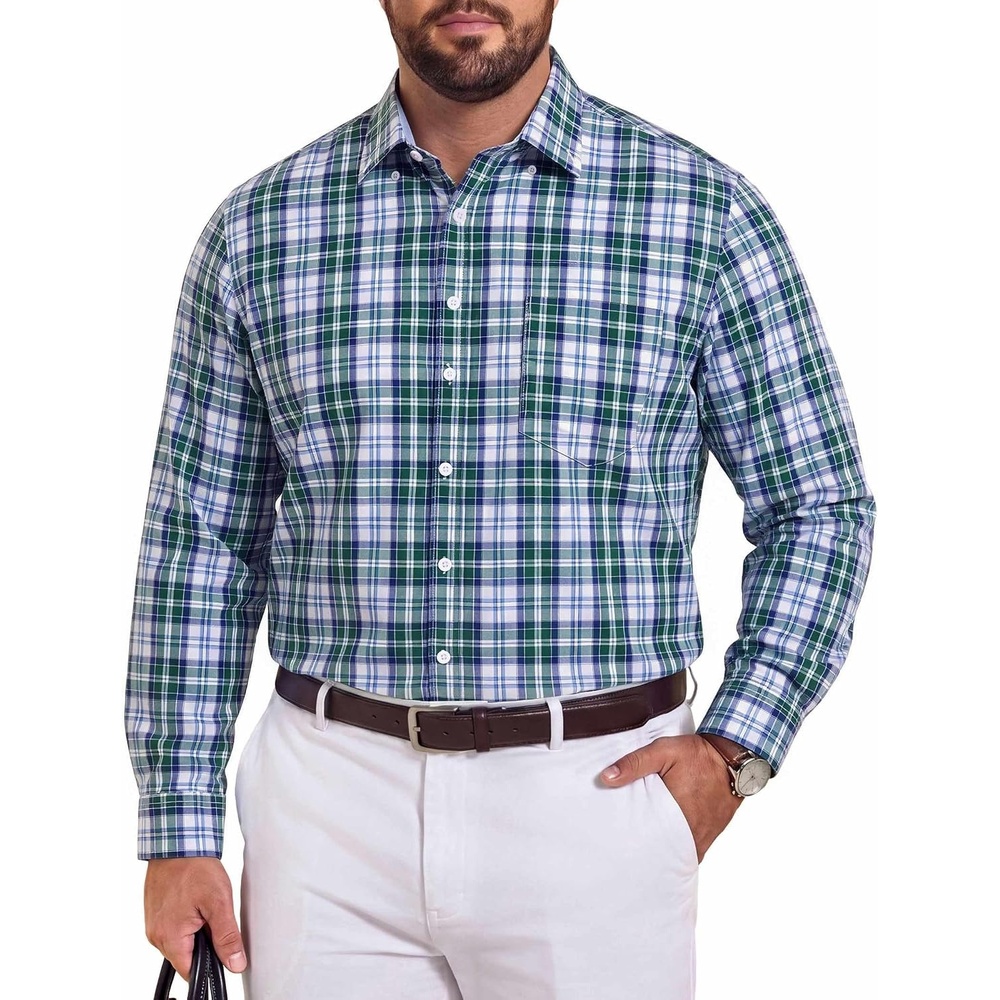 image:imageCOOFANDY Big and Tall Mens Dress Shirts Long Sleeve Plaid Button Down Shirt Bussiness Casual ShirtsWhite Navy Green Light Blue Plaid