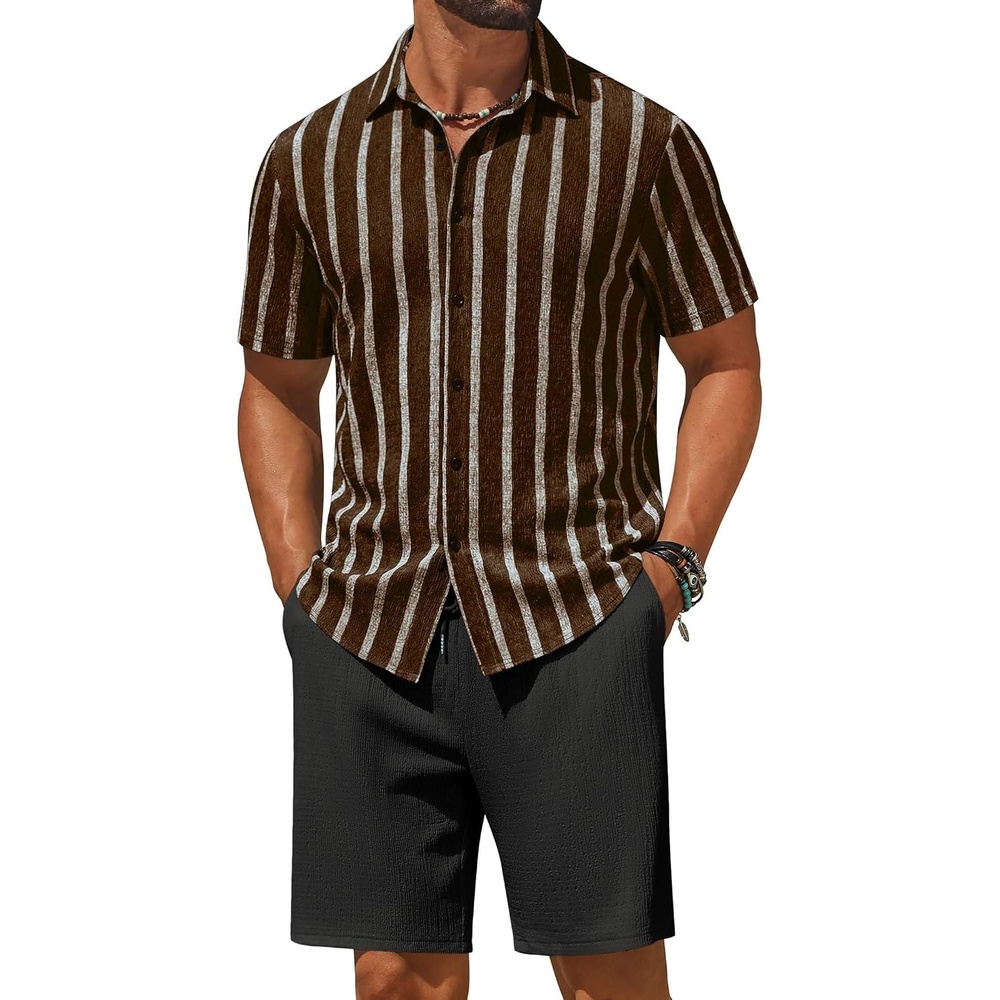 image:imageCOOFANDY Mens 2 Piece Outfit Casual Short Sleeve Button Down Shirt and Beach Shorts Set Summer Vacation Outfits for MenBrown StripeBlack