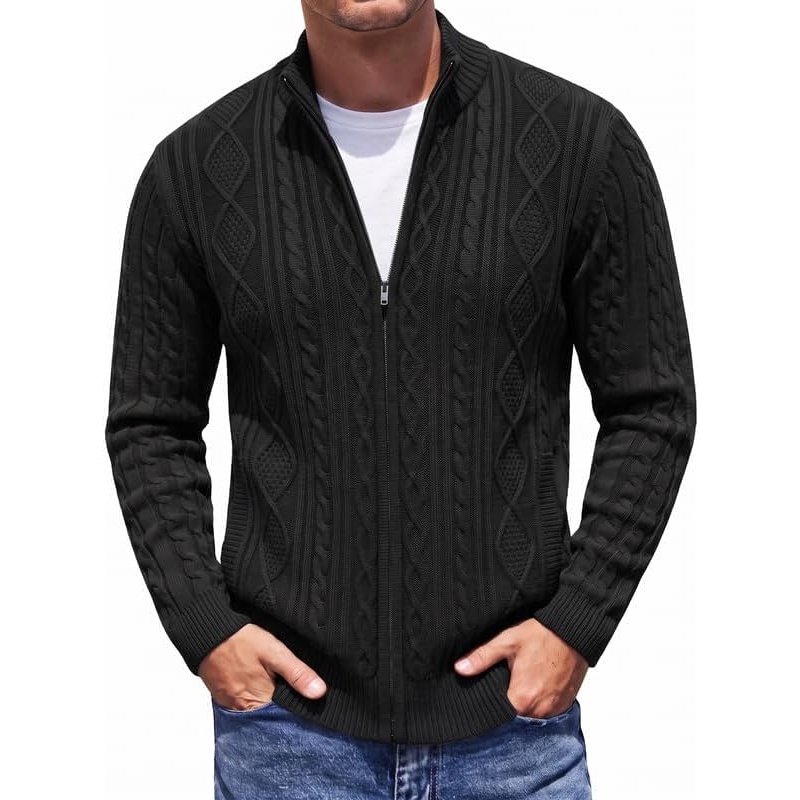 image:imageCOOFANDY Mens Cardigan Sweater Cable Knitted Full Zip Sweaters with Pockets02 Black
