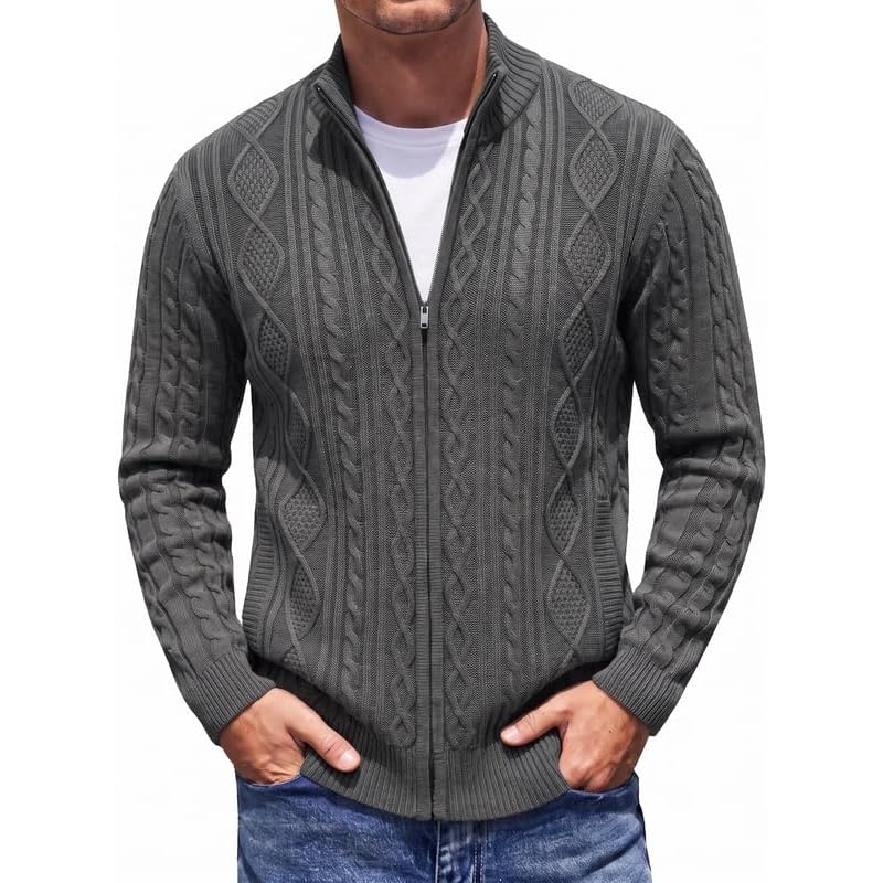 image:imageCOOFANDY Mens Cardigan Sweater Cable Knitted Full Zip Sweaters with Pockets02 Gray