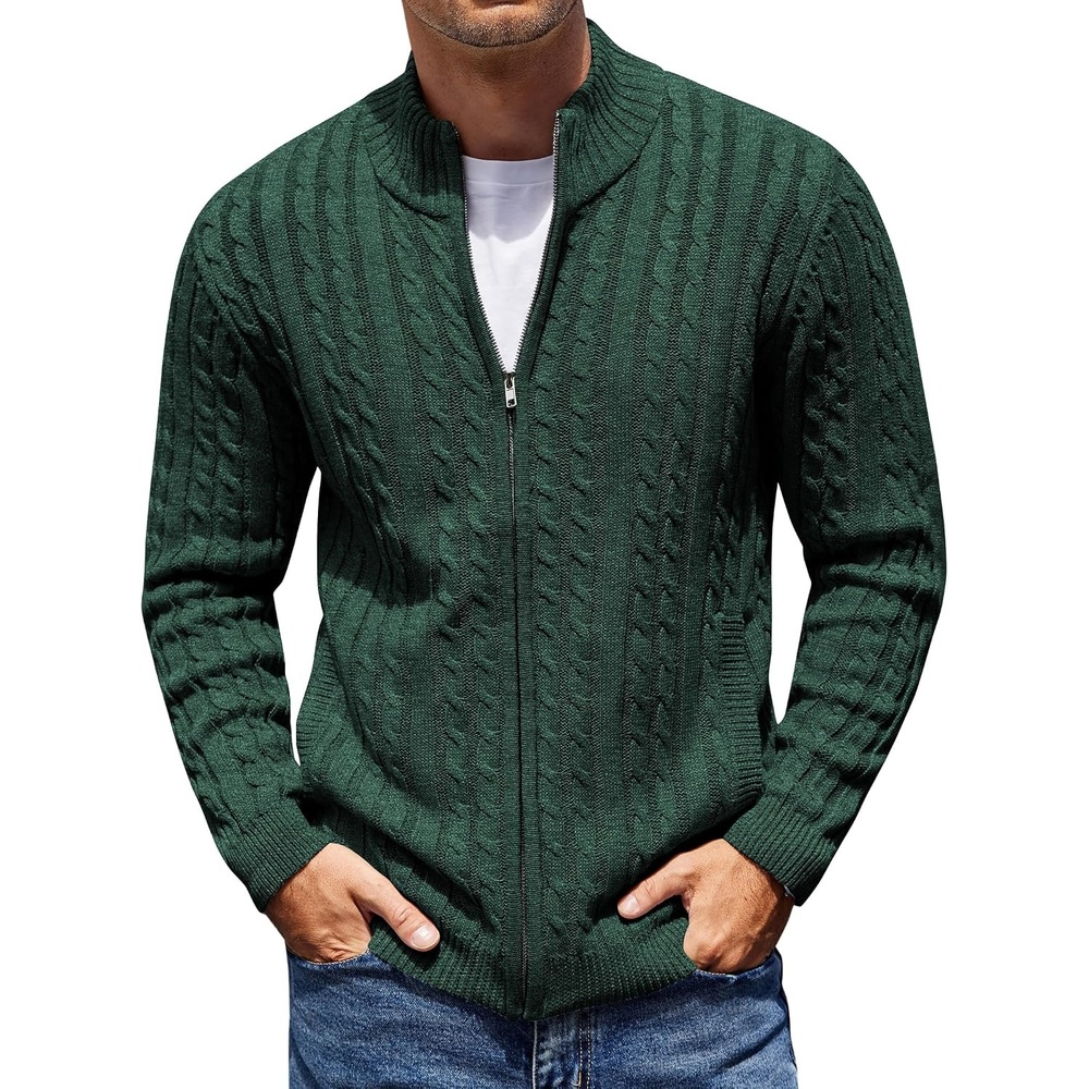 image:imageCOOFANDY Mens Cardigan Sweater Cable Knitted Full Zip Sweaters with PocketsGreen