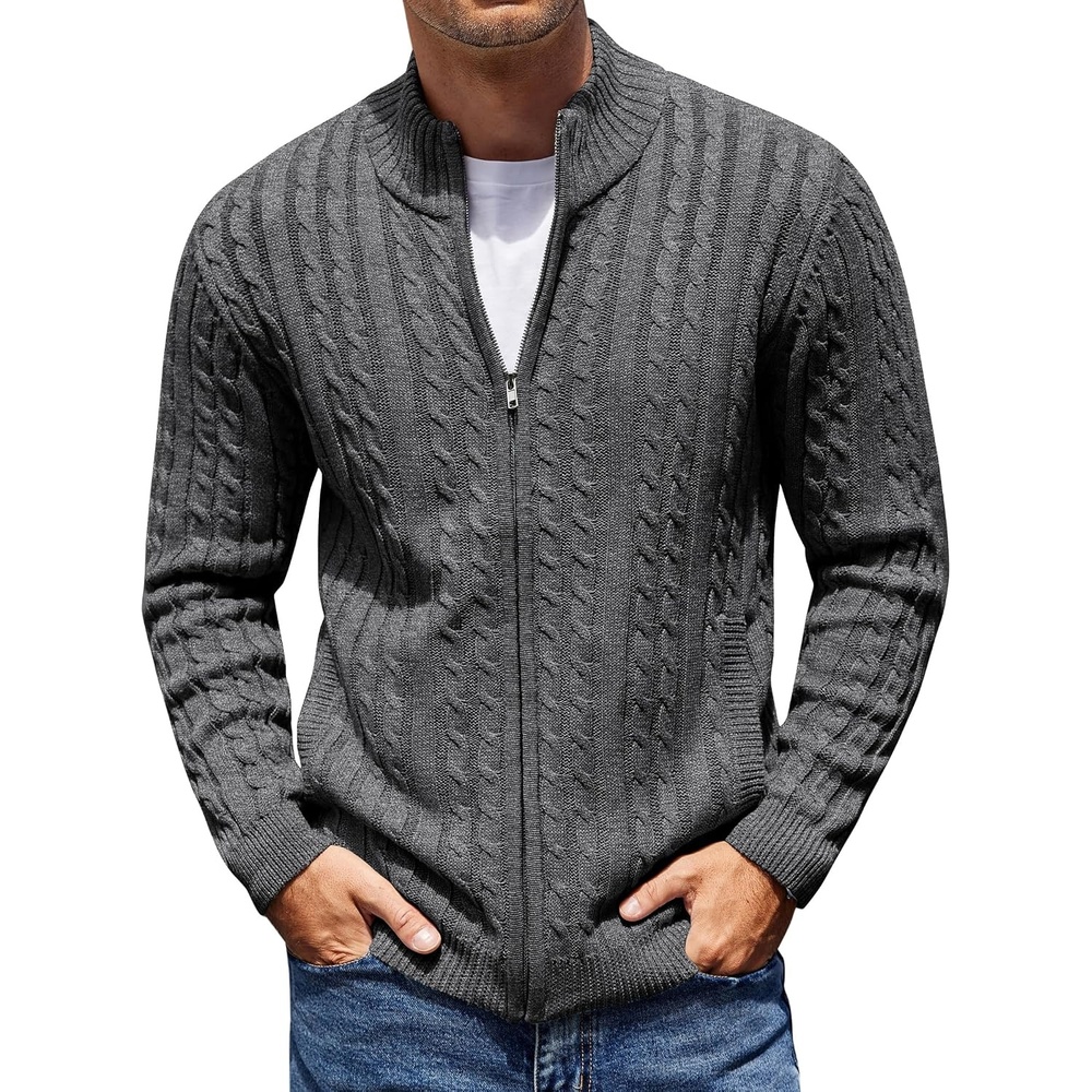 image:imageCOOFANDY Mens Cardigan Sweater Cable Knitted Full Zip Sweaters with PocketsHeathered Black