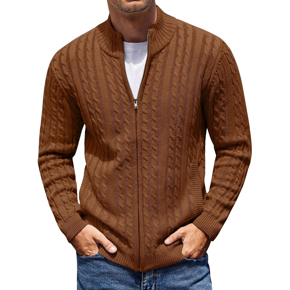 image:imageCOOFANDY Mens Cardigan Sweater Cable Knitted Full Zip Sweaters with PocketsReddish Brown