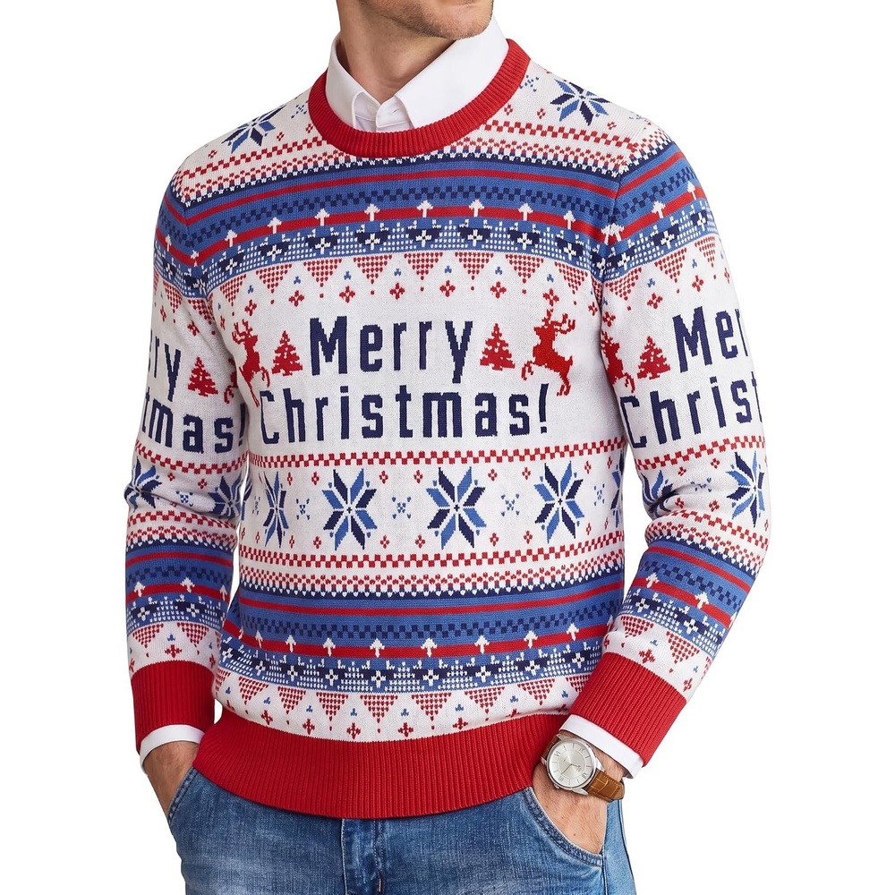 image:imageCOOFANDY Mens Christmas Sweaters Crewneck Funny Ugly Knitted PulloversArgyle Christmas Letter