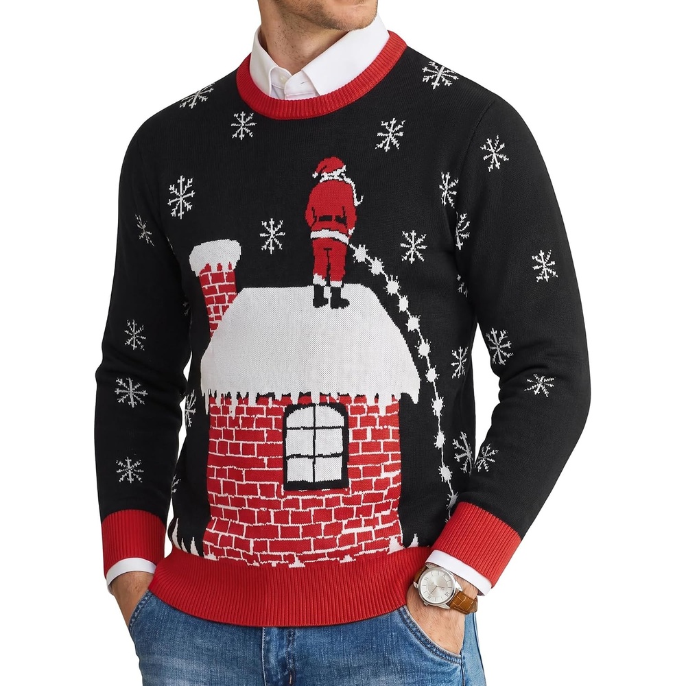 image:imageCOOFANDY Mens Christmas Sweaters Crewneck Funny Ugly Knitted PulloversLeaky Roof