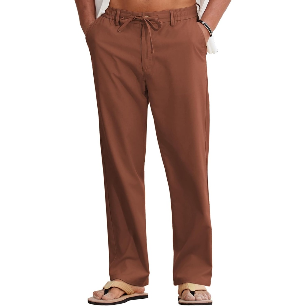 image:imageCOOFANDY Mens Cotton Linen Pants Casual Lightweight Summer Beach Dress PantCaramel