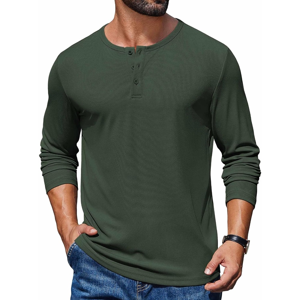image:imageCOOFANDY Mens Henley Long Sleeve Shirt Lightweight Ribbed Pullover TShirtsArmy Green