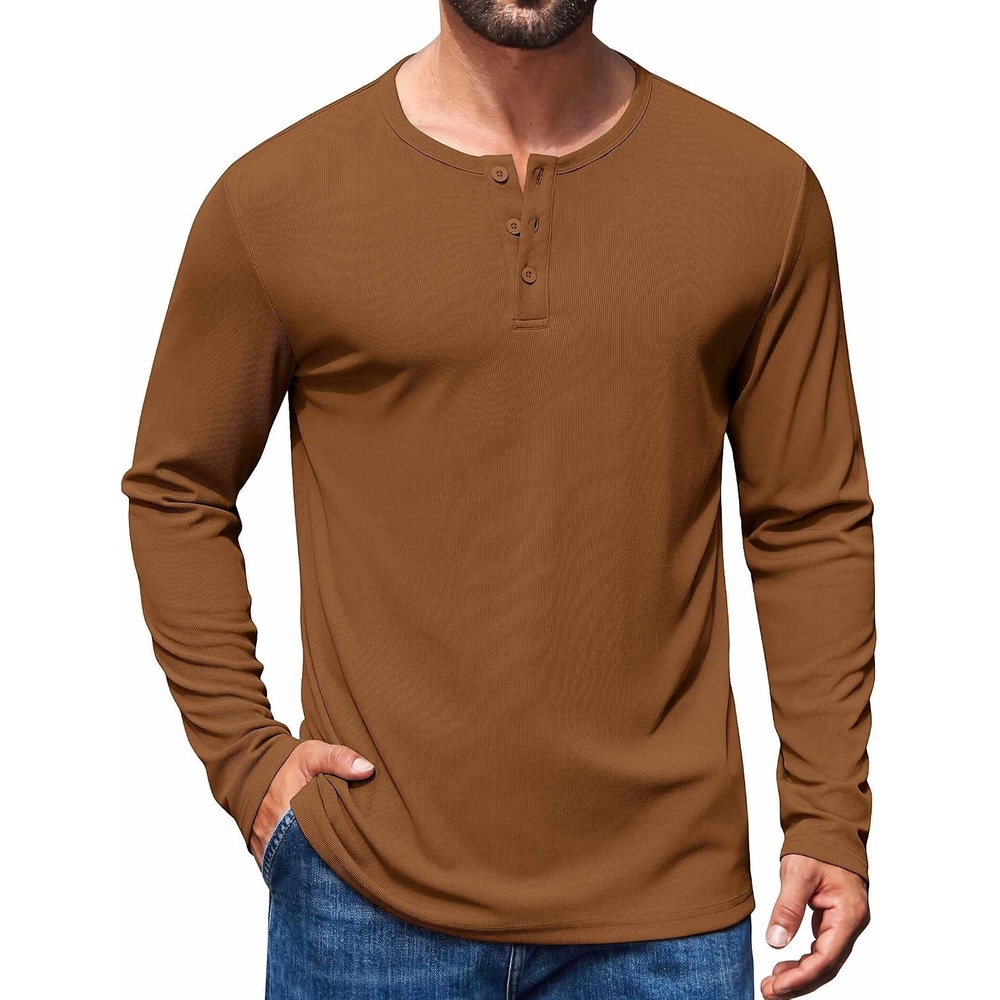 image:imageCOOFANDY Mens Henley Long Sleeve Shirt Lightweight Ribbed Pullover TShirtsLight Brown