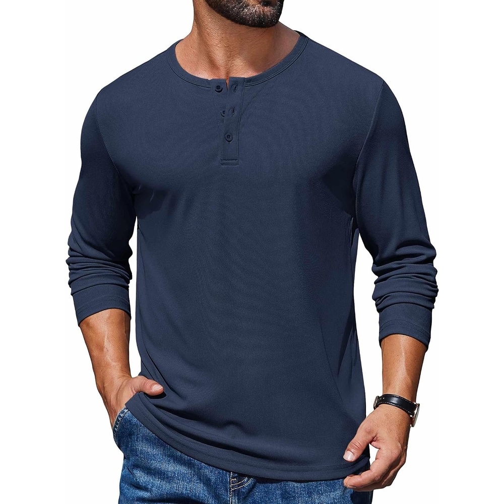 image:imageCOOFANDY Mens Henley Long Sleeve Shirt Lightweight Ribbed Pullover TShirtsNavy Blue