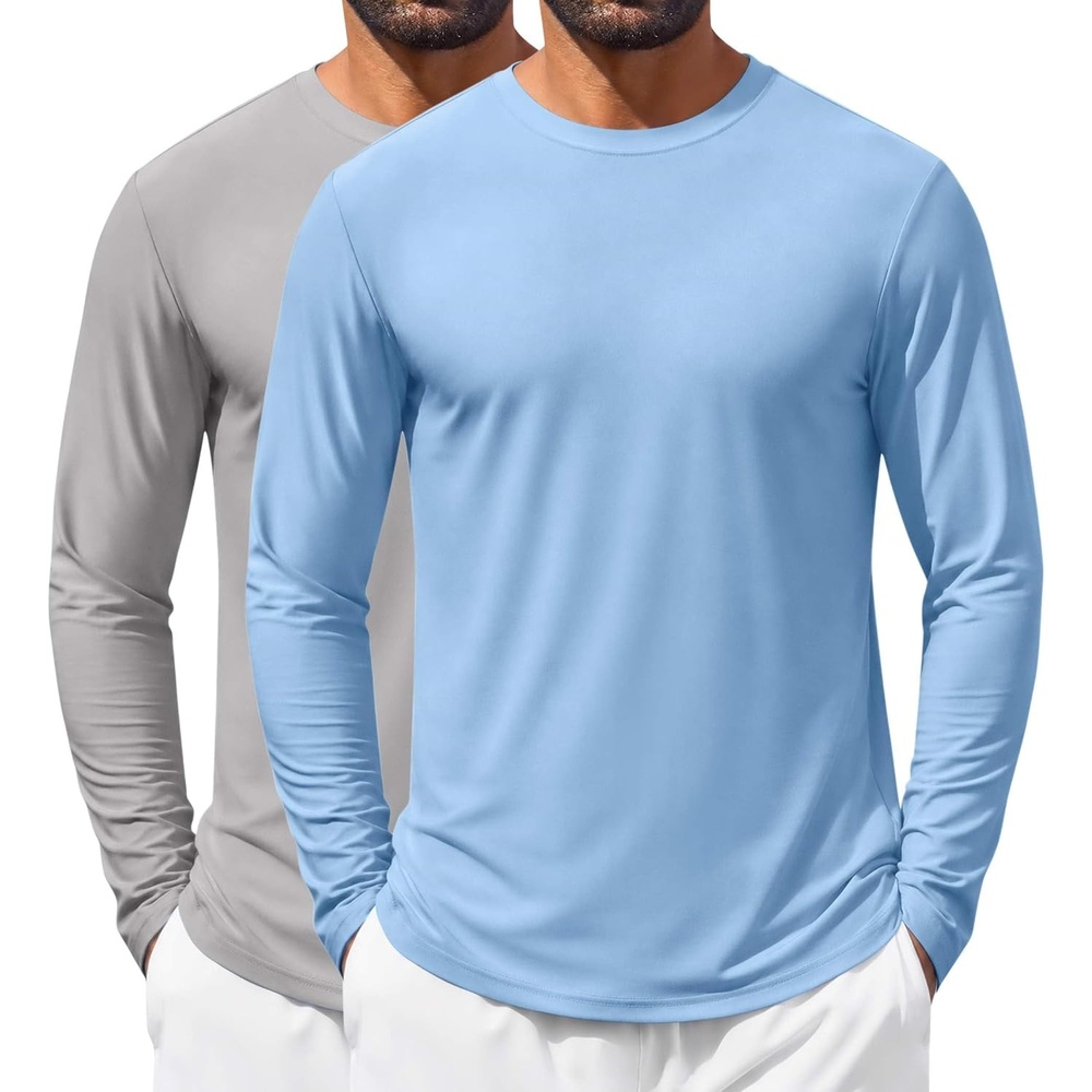 image:imageCOOFANDY Mens Long Sleeve Shirt Sun Protection Stretch Athletic TShirtB Light BlueLight Grey2 Pack