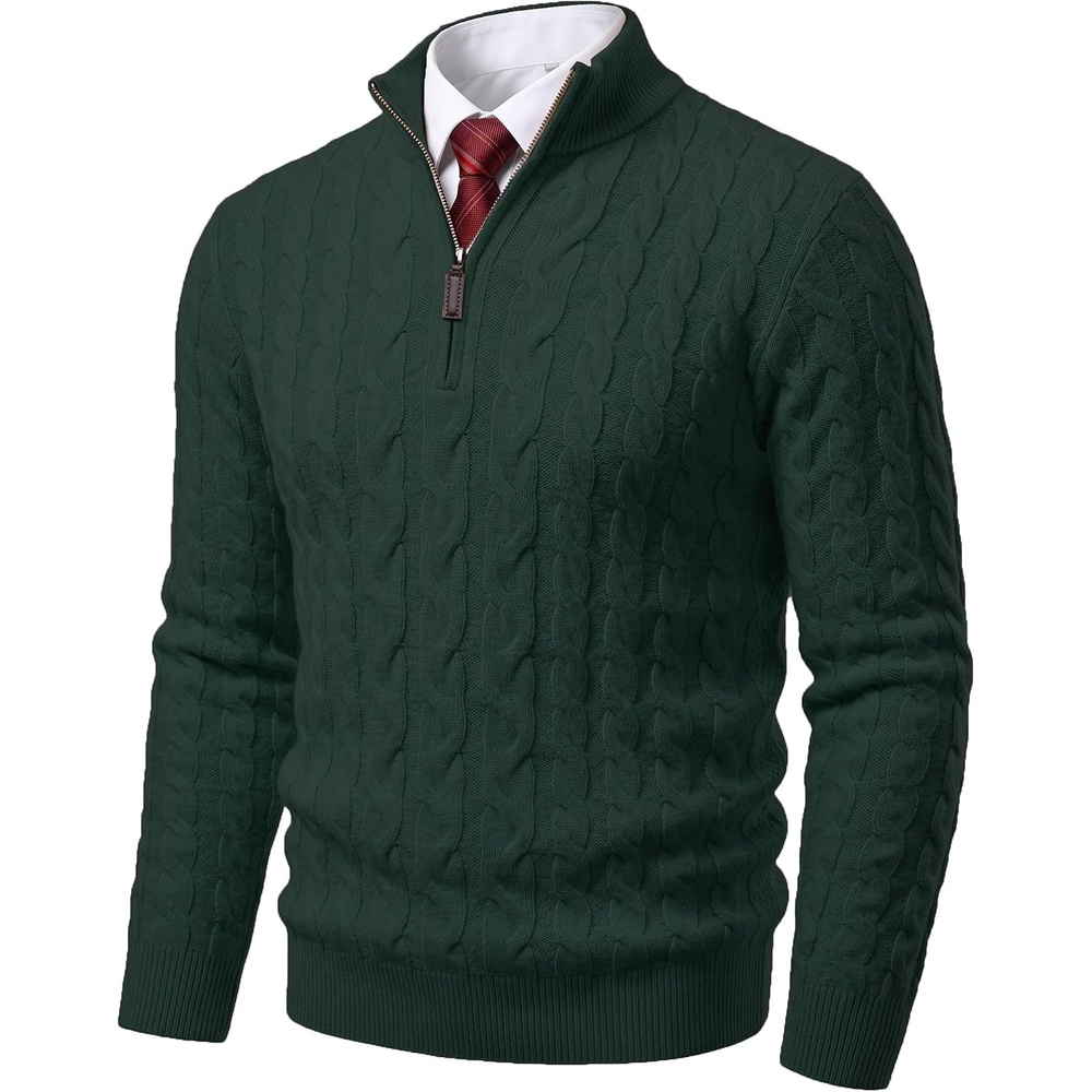 image:imageCOOFANDY Mens Quarter Zip Pullover Cable Knit Dress SweaterLake Green