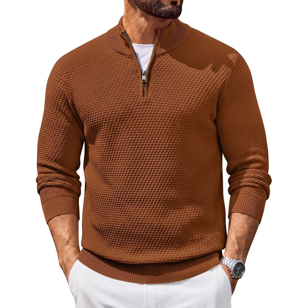 image:imageCOOFANDY Mens Quarter Zip Sweater Pullover 14 Zip Casual Long Sleeve FallBrown