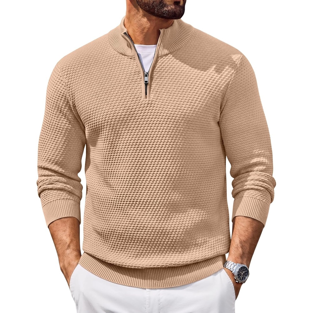 image:imageCOOFANDY Mens Quarter Zip Sweater Pullover 14 Zip Casual Long Sleeve FallChampagne