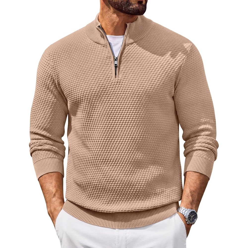 image:imageCOOFANDY Mens Quarter Zip Sweater Pullover 14 Zip Casual Long Sleeve FallKhaki