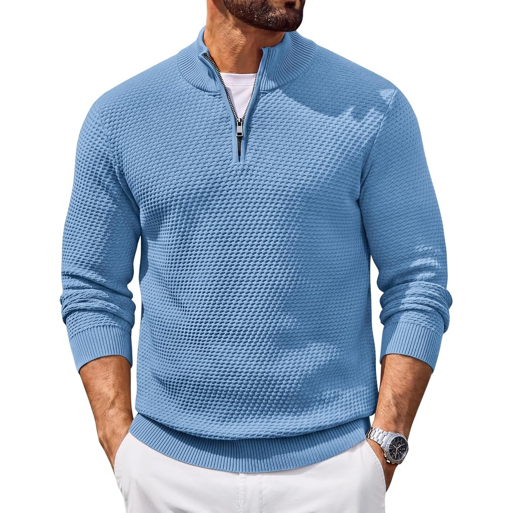 image:imageCOOFANDY Mens Quarter Zip Sweater Pullover 14 Zip Casual Long Sleeve FallLight Blue