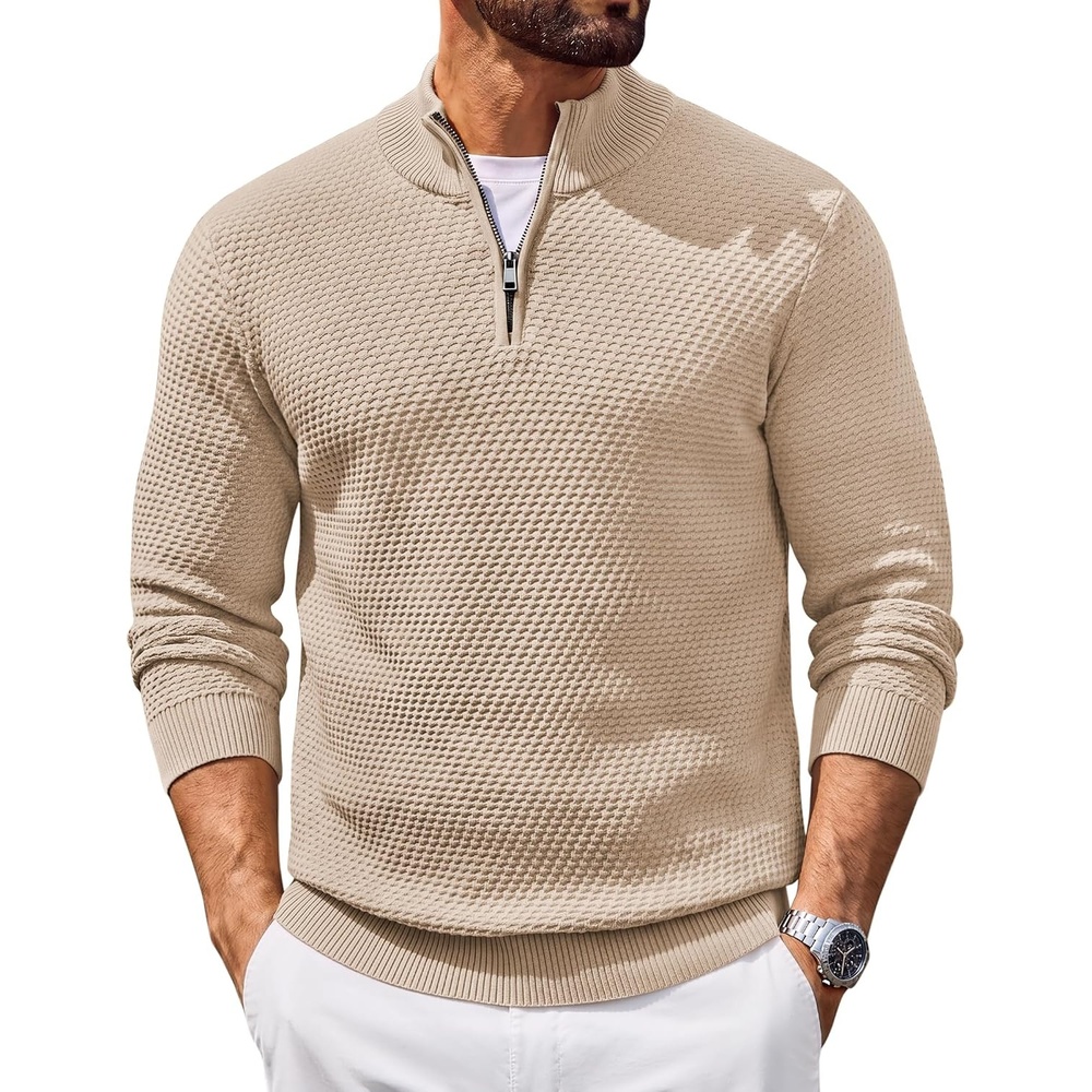 image:imageCOOFANDY Mens Quarter Zip Sweater Pullover 14 Zip Casual Long Sleeve FallLight Khaki