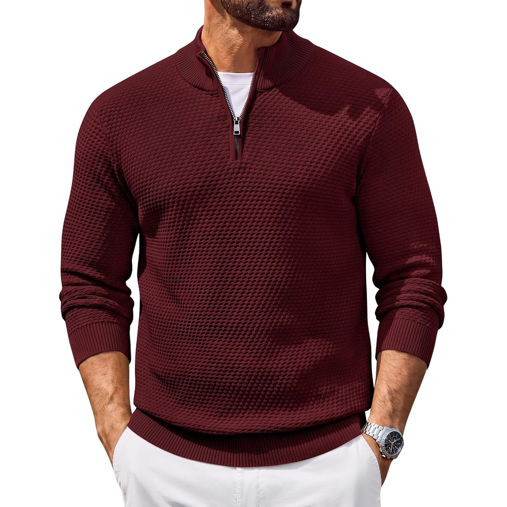 image:imageCOOFANDY Mens Quarter Zip Sweater Pullover 14 Zip Casual Long Sleeve FallWine Red