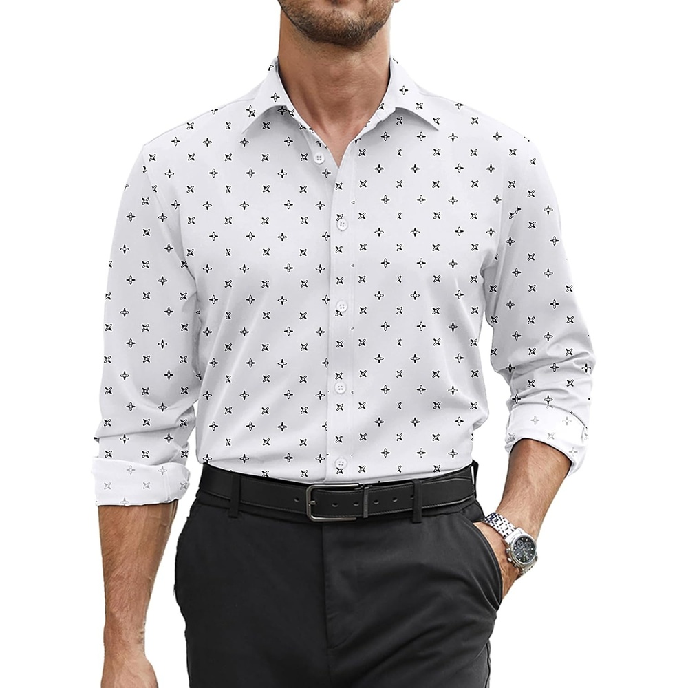 image:imageCOOFANDY Mens Stretch Dress Shirts Long Sleeve Button Down Shirt Regular Fit Formal Business ShirtsWhiteblack Dot