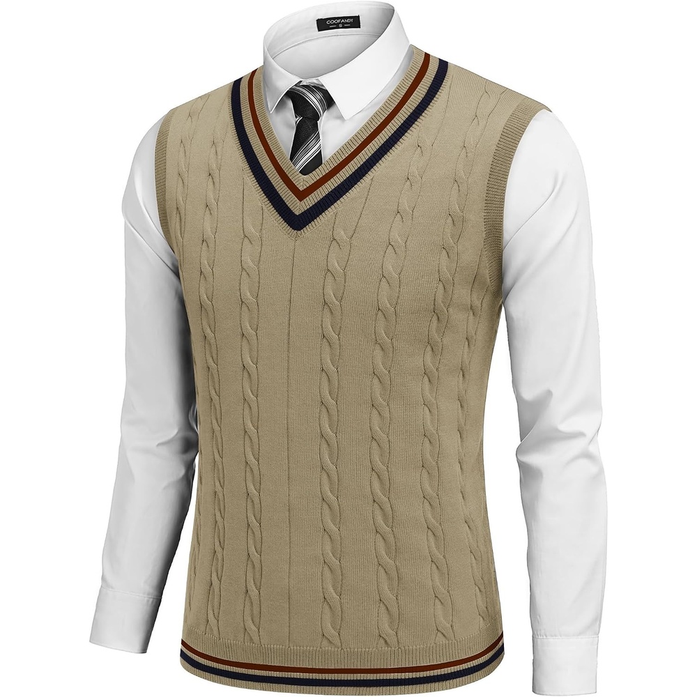 image:imageCOOFANDY Mens Sweater Vest V Neck Casual Sleeveless Knit Pullover SweaterBeige Brown Blue Stripe
