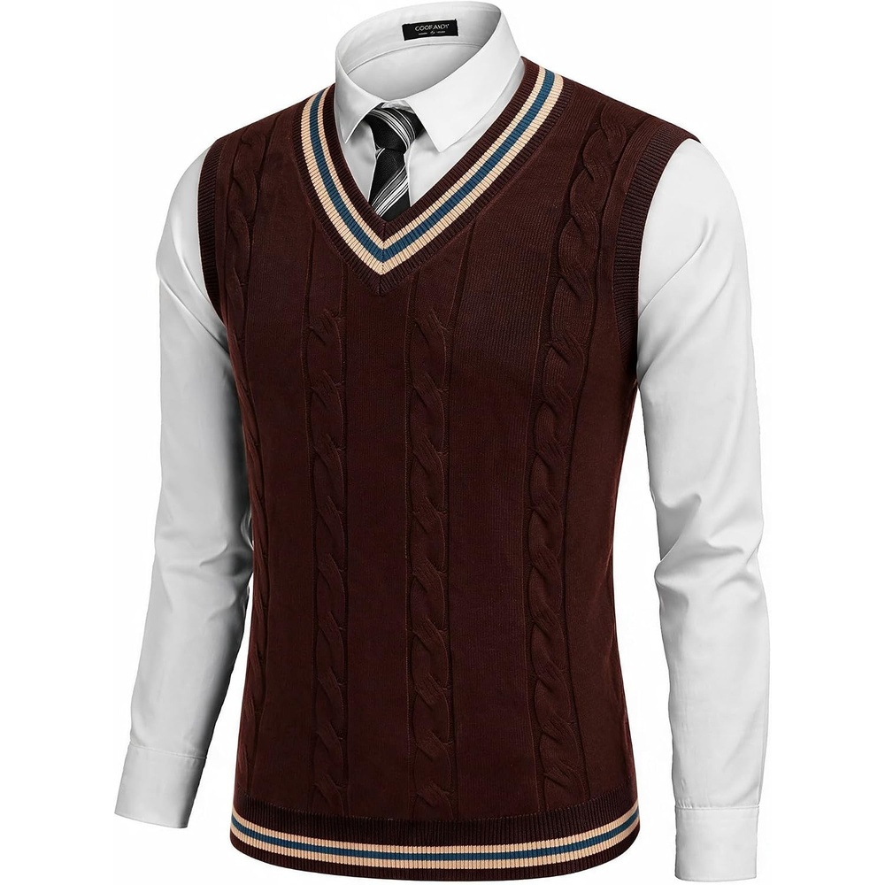 image:imageCOOFANDY Mens Sweater Vest V Neck Casual Sleeveless Knit Pullover SweaterBrown Khaki Blue Stripe