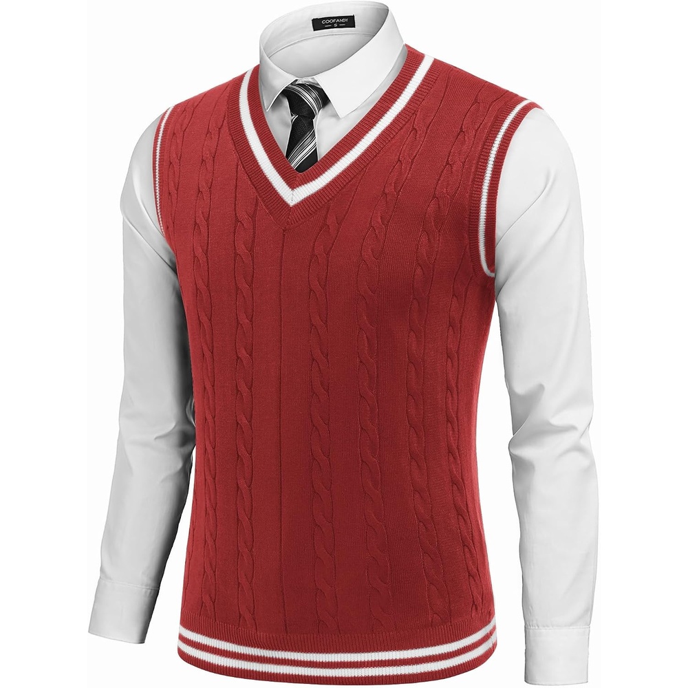 image:imageCOOFANDY Mens Sweater Vest V Neck Casual Sleeveless Knit Pullover SweaterRed Wihte Stripe