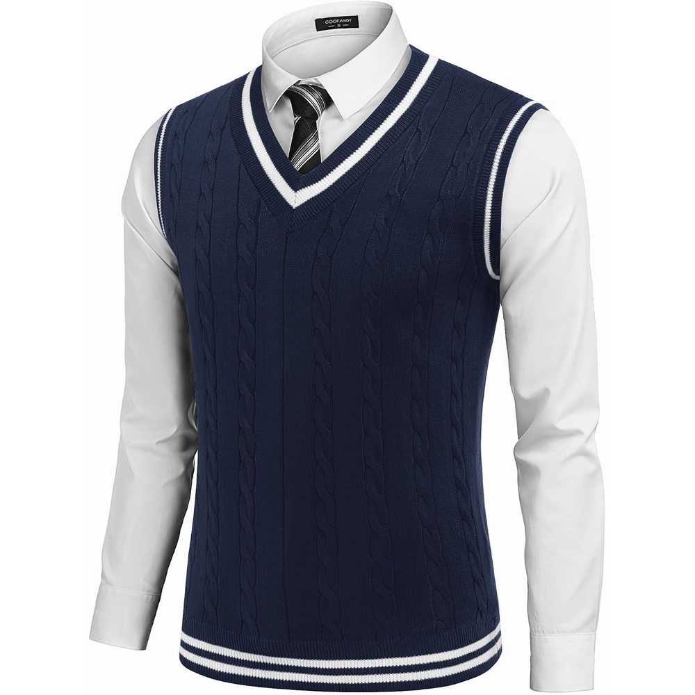 image:imageCOOFANDY Mens Sweater Vest V Neck Casual Sleeveless Knit Pullover SweaterWhite Navy Blue Stripe