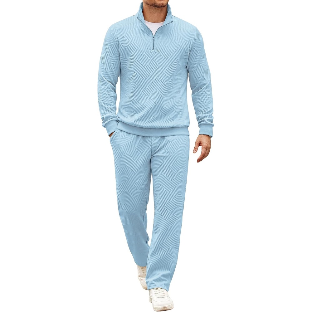 image:imageCOOFANDY Mens Tracksuit 2 Piece Set Geometric Texture Quarter Zip Pullover Sweatshirt Athletic Running SweatsuitsLight Blue