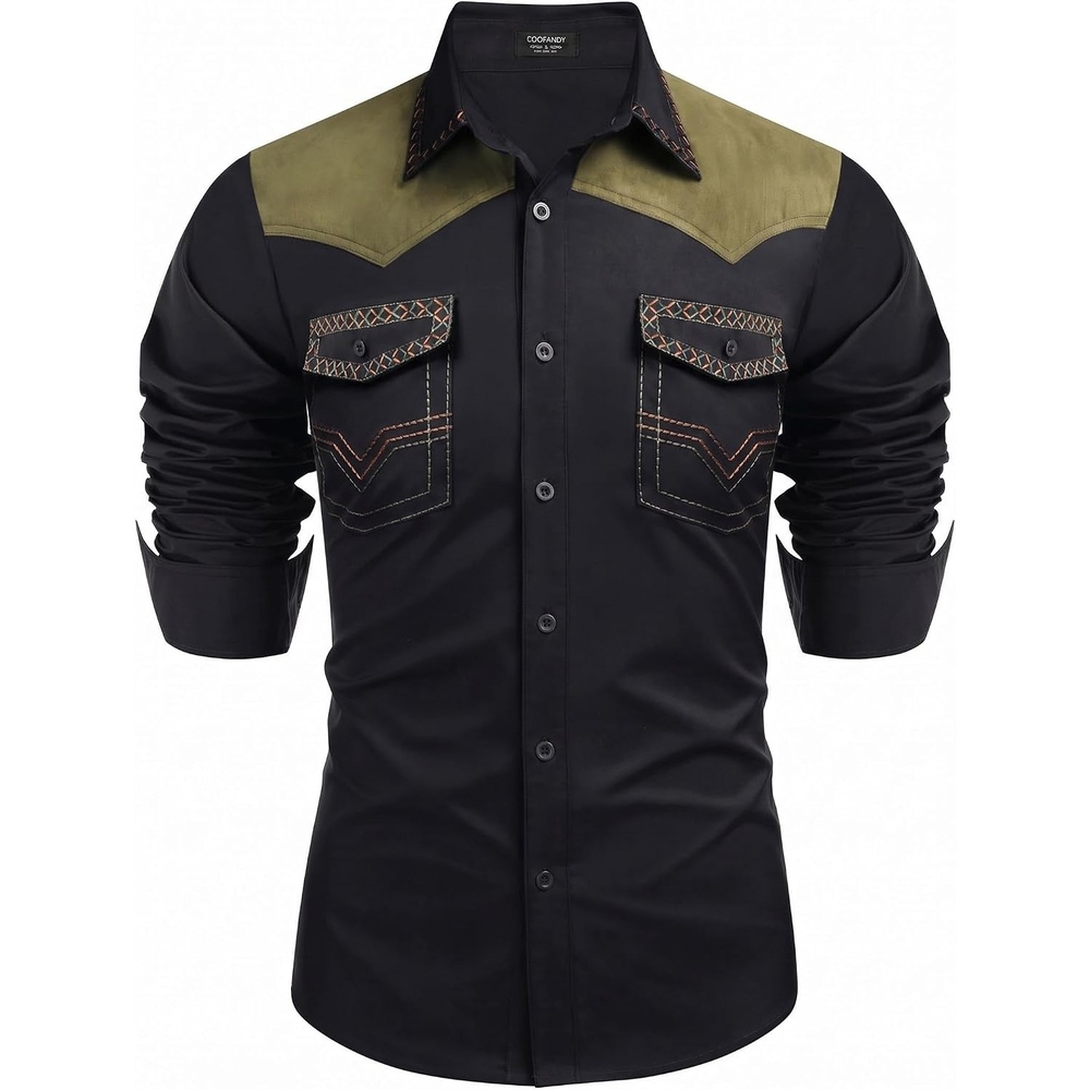 image:imageCOOFANDY Mens Western Cowboy Shirt Embroidered Long Sleeve Slim Fit Casual Cotton Button Down Hippie Shirts with PocketsBlack Green