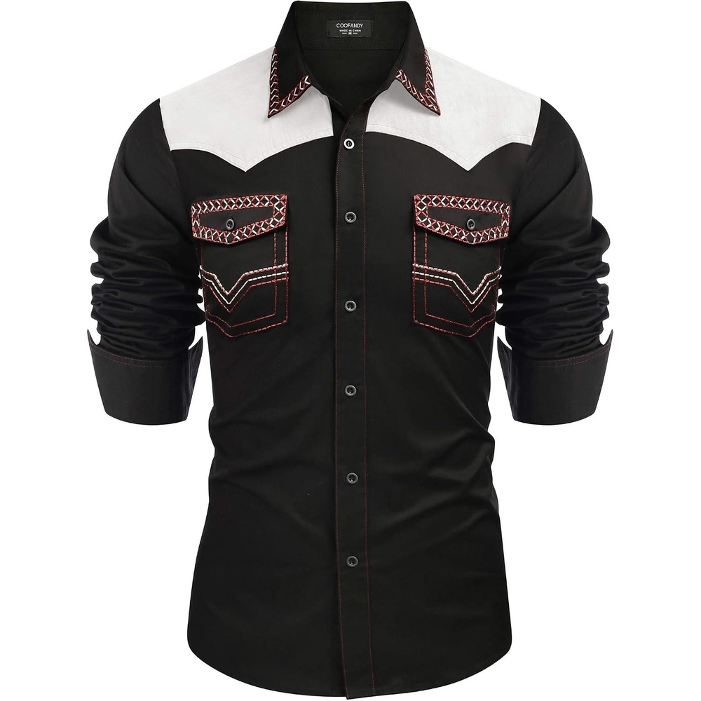 image:imageCOOFANDY Mens Western Cowboy Shirt Embroidered Long Sleeve Slim Fit Casual Cotton Button Down Hippie Shirts with PocketsBlack White