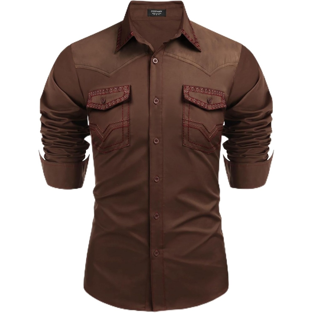 image:imageCOOFANDY Mens Western Cowboy Shirt Embroidered Long Sleeve Slim Fit Casual Cotton Button Down Hippie Shirts with PocketsChocolate Brown