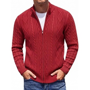 COOFANDY Mens Cardigan Sweater Cable Knitted Full Zip Sweaters with Pockets(02 Wine Red)