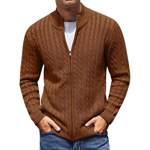 COOFANDY Mens Cardigan Sweater Cable Knitted Full Zip Sweaters with Pockets(Reddish Brown)