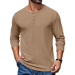 COOFANDY Mens Henley Long Sleeve Shirt Lightweight Ribbed Pullover T-Shirts(Khaki)