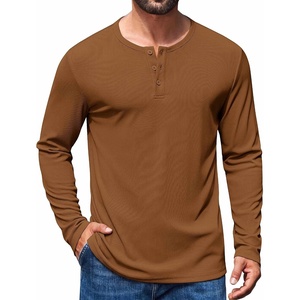 COOFANDY Mens Henley Long Sleeve Shirt Lightweight Ribbed Pullover T-Shirts(Light Brown)