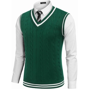 COOFANDY Men’s Sweater Vest V Neck Casual Sleeveless Knit Pullover Sweater(Lake Green & White Stripe)