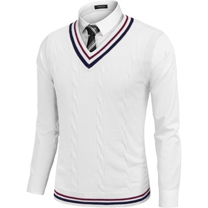 COOFANDY Men’s Sweater Vest V Neck Casual Sleeveless Knit Pullover Sweater(White & Navy Blue Red Stripe)