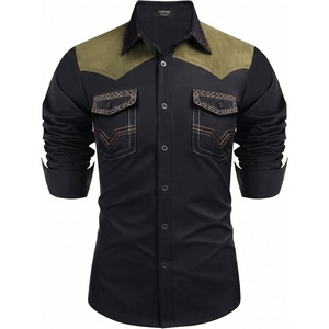 COOFANDY Men’s Western Cowboy Shirt Embroidered Long Sleeve Slim Fit Casual Cotton Button Down Hippie Shirts with Pockets(Black & Green)