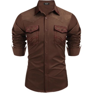COOFANDY Men’s Western Cowboy Shirt Embroidered Long Sleeve Slim Fit Casual Cotton Button Down Hippie Shirts with Pockets(Chocolate Brown)
